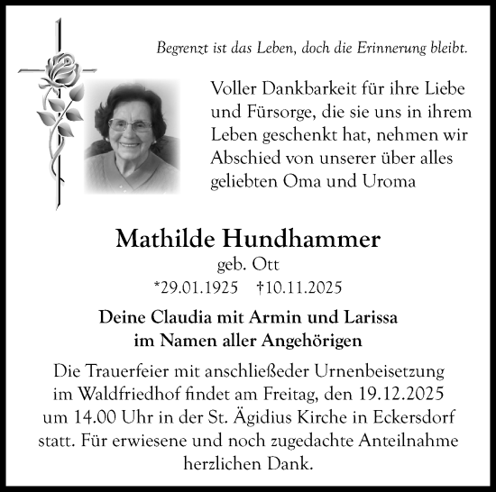 Anzeige von Mathilde Hundhammer von Nordbayerischer Kurier