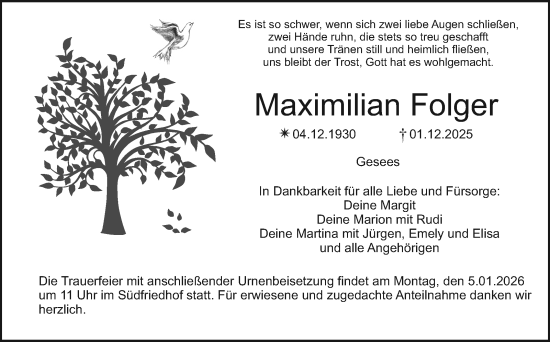 Anzeige von Maximilian Folger von Nordbayerischer Kurier
