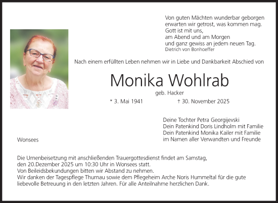 Anzeige von Monika Wohlrab von Nordbayerischer Kurier