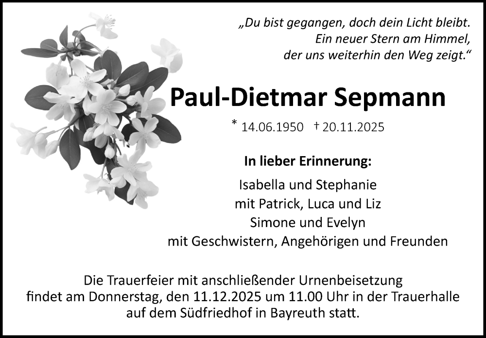  Traueranzeige für Paul-Dietmar Sepmann vom 06.12.2025 aus Nordbayerischer Kurier