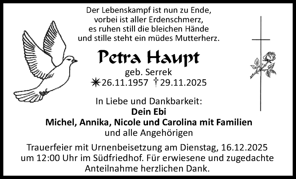  Traueranzeige für Petra Haupt vom 13.12.2025 aus Nordbayerischer Kurier