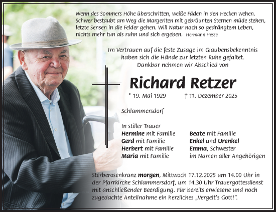 Anzeige von Richard Retzer von Nordbayerischer Kurier
