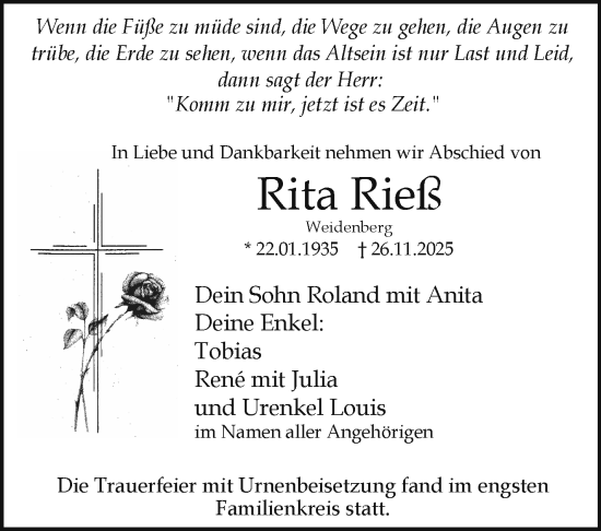 Anzeige von Rita Rieß von Nordbayerischer Kurier