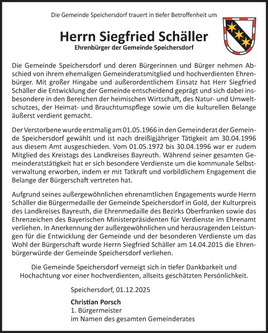 Anzeige von Siegfried Schäller von Nordbayerischer Kurier