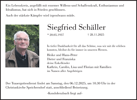 Anzeige von Siegfried Schäller von Nordbayerischer Kurier