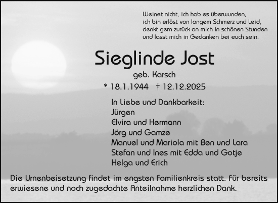 Anzeige von Sieglinde Jost von Nordbayerischer Kurier