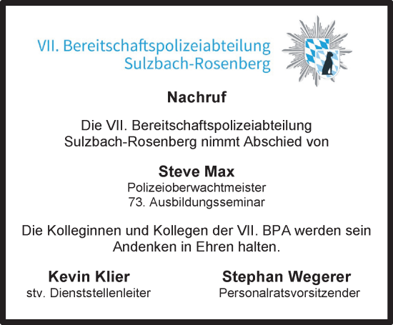 Anzeige von Steve Max von Nordbayerischer Kurier