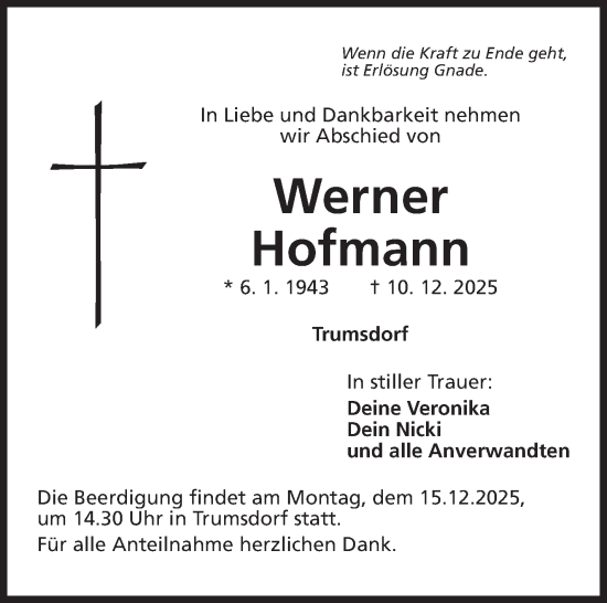 Anzeige von Werner Hofmann von Nordbayerischer Kurier