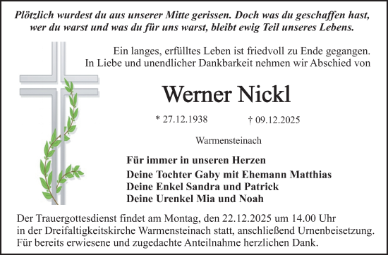 Anzeige von Werner Nickl von Nordbayerischer Kurier