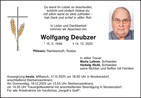 Anzeige von Wolfgang Deubzer von Nordbayerischer Kurier