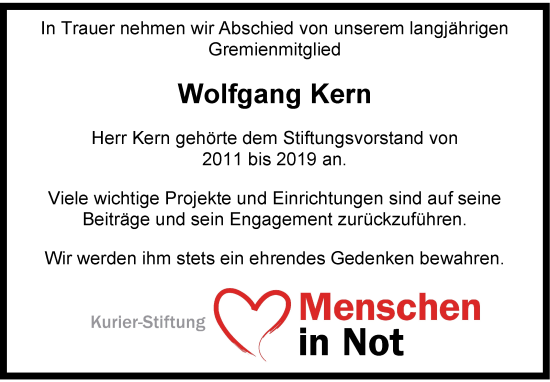 Anzeige von Wolfgang Kern von Nordbayerischer Kurier