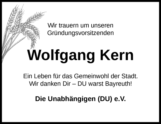 Anzeige von Wolfgang Kern von Nordbayerischer Kurier