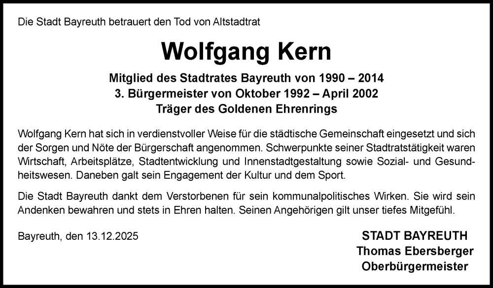  Traueranzeige für Wolfgang Kern vom 13.12.2025 aus Nordbayerischer Kurier