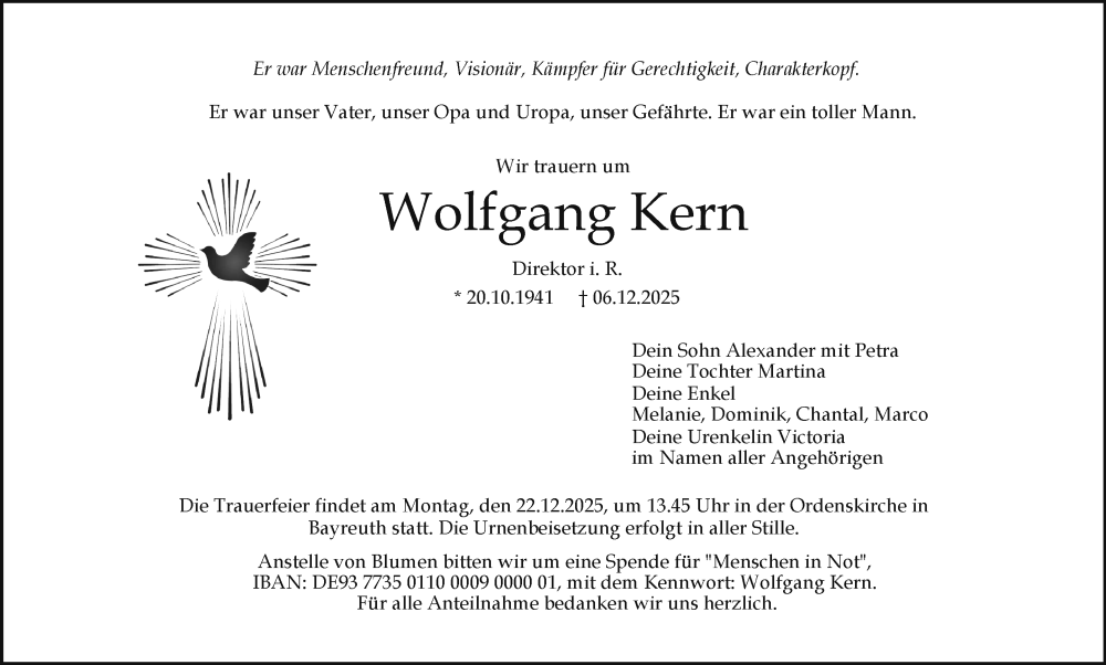  Traueranzeige für Wolfgang Kern vom 13.12.2025 aus Nordbayerischer Kurier