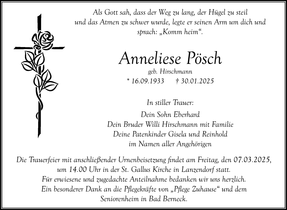  Traueranzeige für Anneliese Pösch vom 01.03.2025 aus Nordbayerischer Kurier
