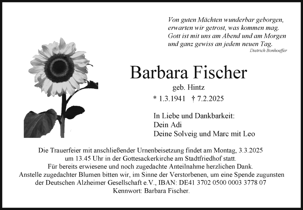  Traueranzeige für Barbara Fischer vom 22.02.2025 aus Nordbayerischer Kurier