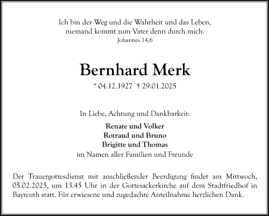Anzeige von Bernhard Merk von Nordbayerischer Kurier