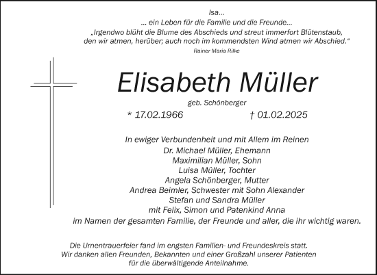 Anzeige von Elisabeth Müller von Nordbayerischer Kurier