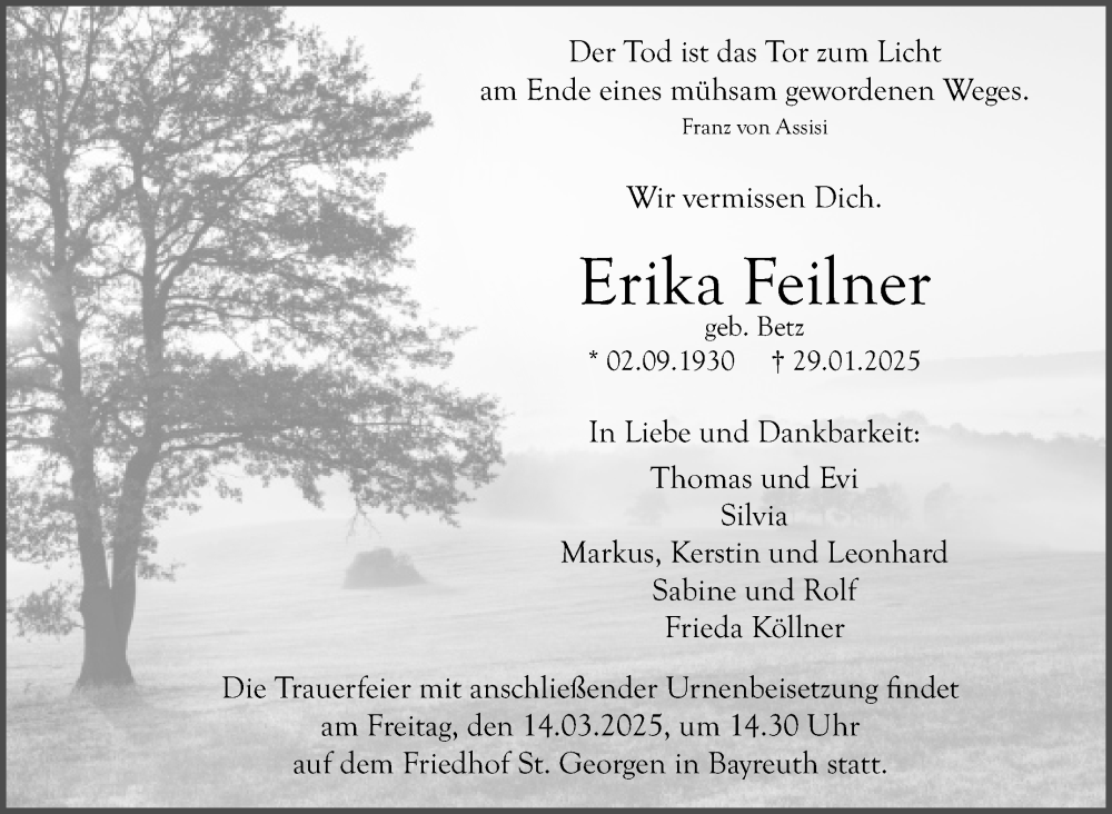  Traueranzeige für Erika Feilner vom 22.02.2025 aus Nordbayerischer Kurier