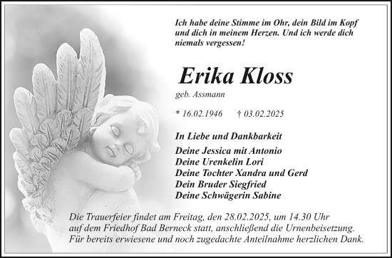 Anzeige von Erika Kloss von Nordbayerischer Kurier