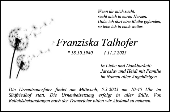 Anzeige von Franziska Talhofer von Nordbayerischer Kurier