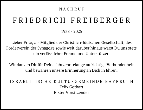 Anzeige von Friedrich Freiberger von Nordbayerischer Kurier