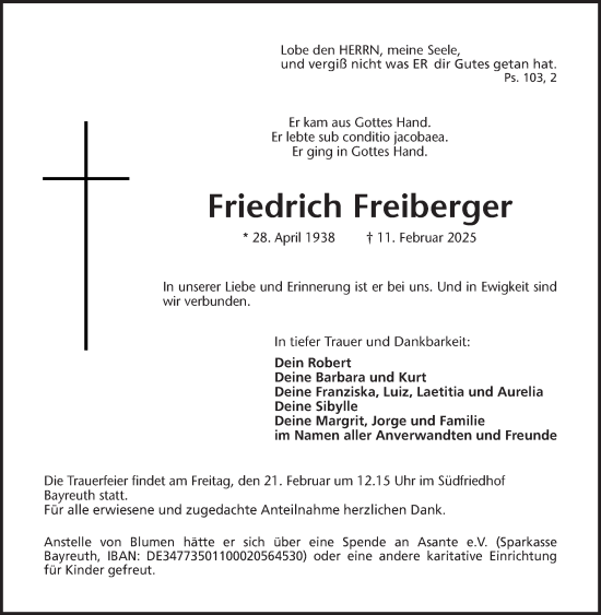 Anzeige von Friedrich Freiberger von Nordbayerischer Kurier