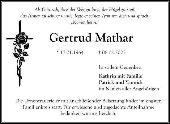 Anzeige von Gertrud Mathar von Nordbayerischer Kurier