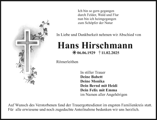 Anzeige von Hans Hirschmann von Nordbayerischer Kurier