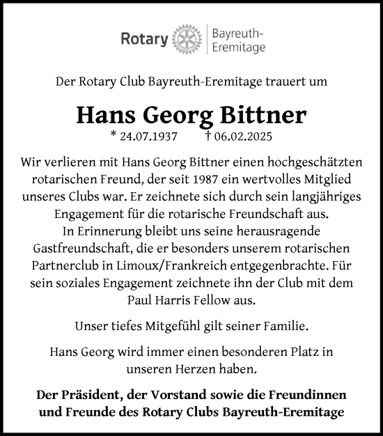 Anzeige von Hans Georg Bittner von Nordbayerischer Kurier