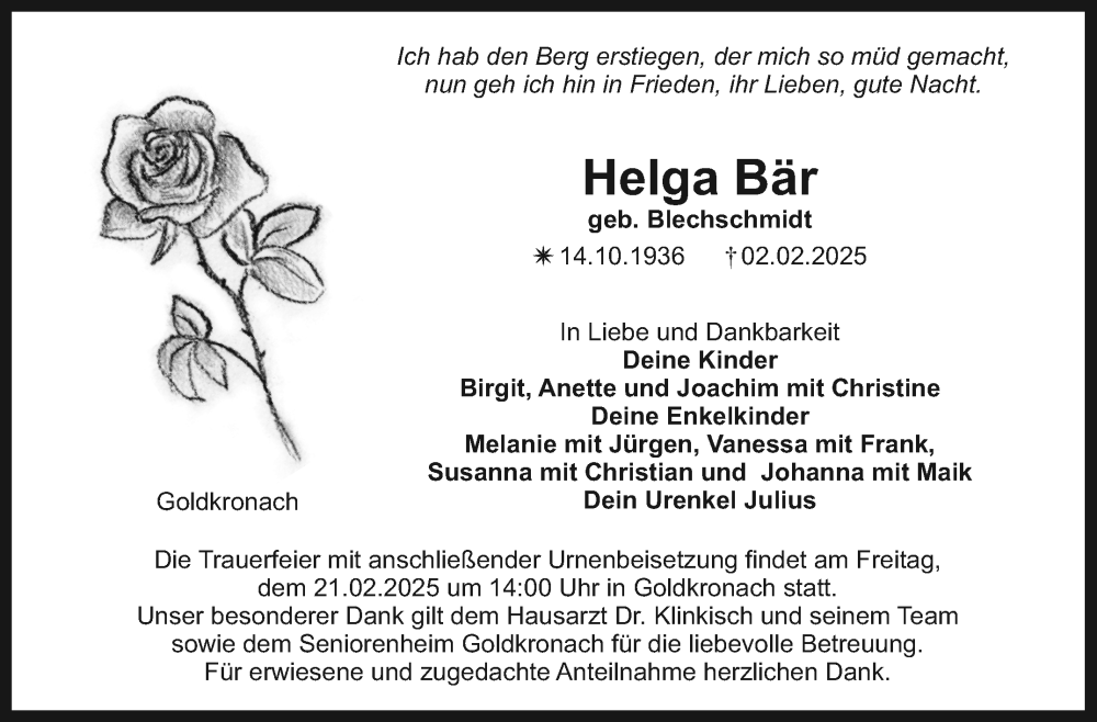  Traueranzeige für Helga Bär vom 15.02.2025 aus Nordbayerischer Kurier