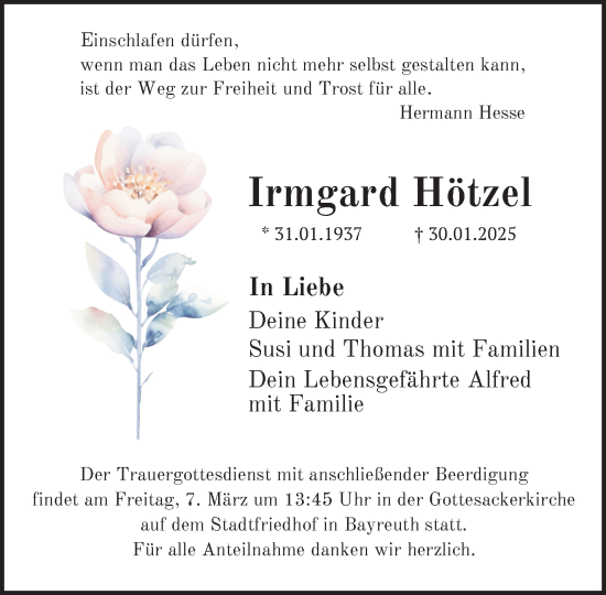 Anzeige von Irmgard Hötzel von Nordbayerischer Kurier