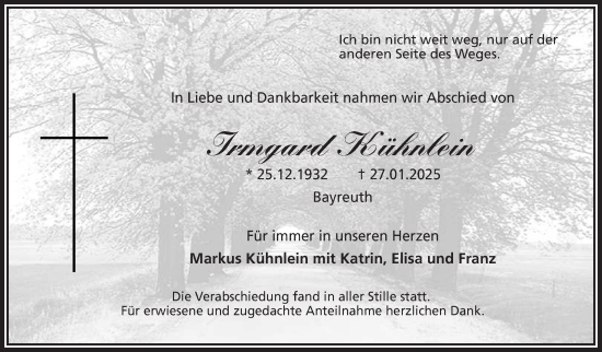 Anzeige von Irmgard Kühnlein von Nordbayerischer Kurier