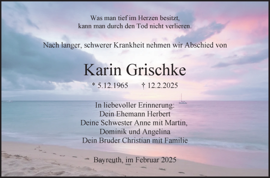 Anzeige von Karin Grischke von Nordbayerischer Kurier