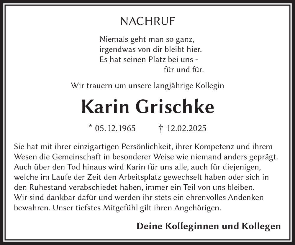  Traueranzeige für Karin Grischke vom 22.02.2025 aus Nordbayerischer Kurier