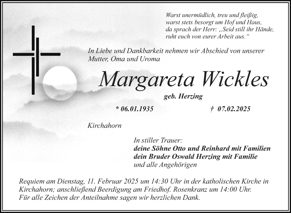  Traueranzeige für Margareta Wickles vom 08.02.2025 aus Nordbayerischer Kurier