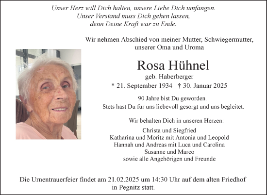Anzeige von Rosa Hühnel von Nordbayerischer Kurier