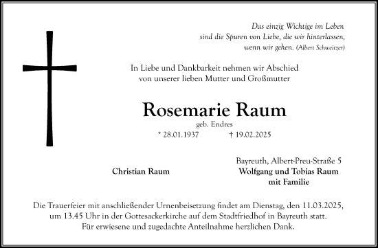 Anzeige von Rosemarie Raum von Nordbayerischer Kurier