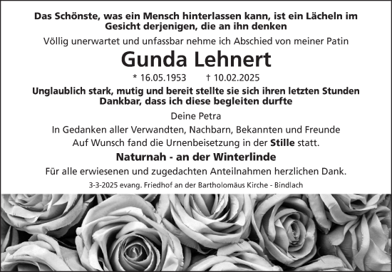 Anzeige von Gunda Lehnert von Nordbayerischer Kurier
