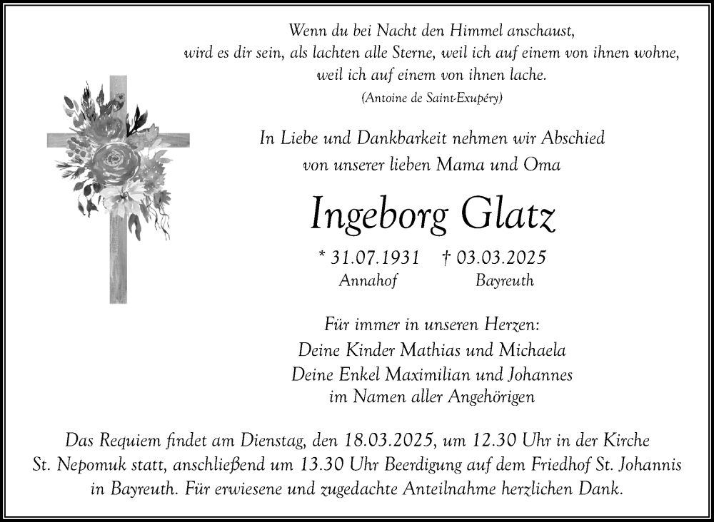  Traueranzeige für Ingeborg Glatz vom 08.03.2025 aus Nordbayerischer Kurier