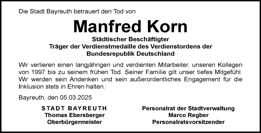  Traueranzeige für Manfred Korn vom 05.03.2025 aus Nordbayerischer Kurier