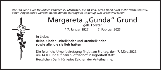Anzeige von Margareta Grund von Nordbayerischer Kurier