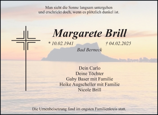 Anzeige von Margarete Brill von Nordbayerischer Kurier