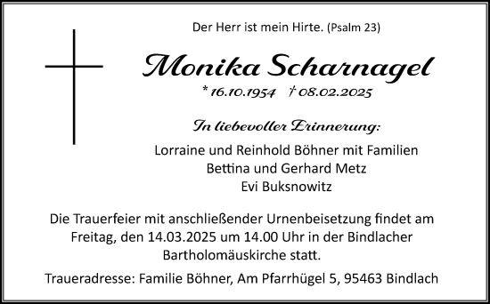 Anzeige von Monika Scharnagel von Nordbayerischer Kurier