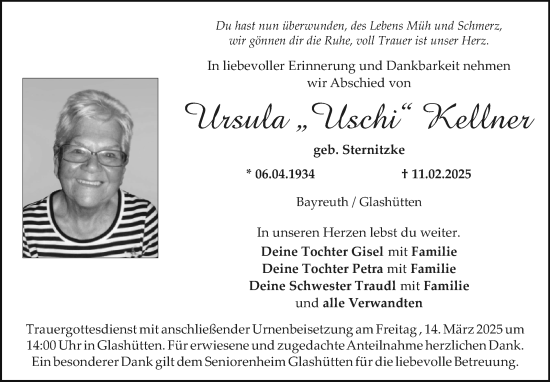Anzeige von Ursula Kellner von Nordbayerischer Kurier