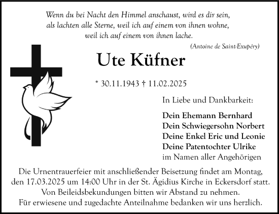 Anzeige von Ute Küfner von Nordbayerischer Kurier