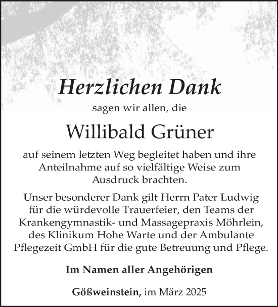 Anzeige von Willibald Grüner von Nordbayerischer Kurier