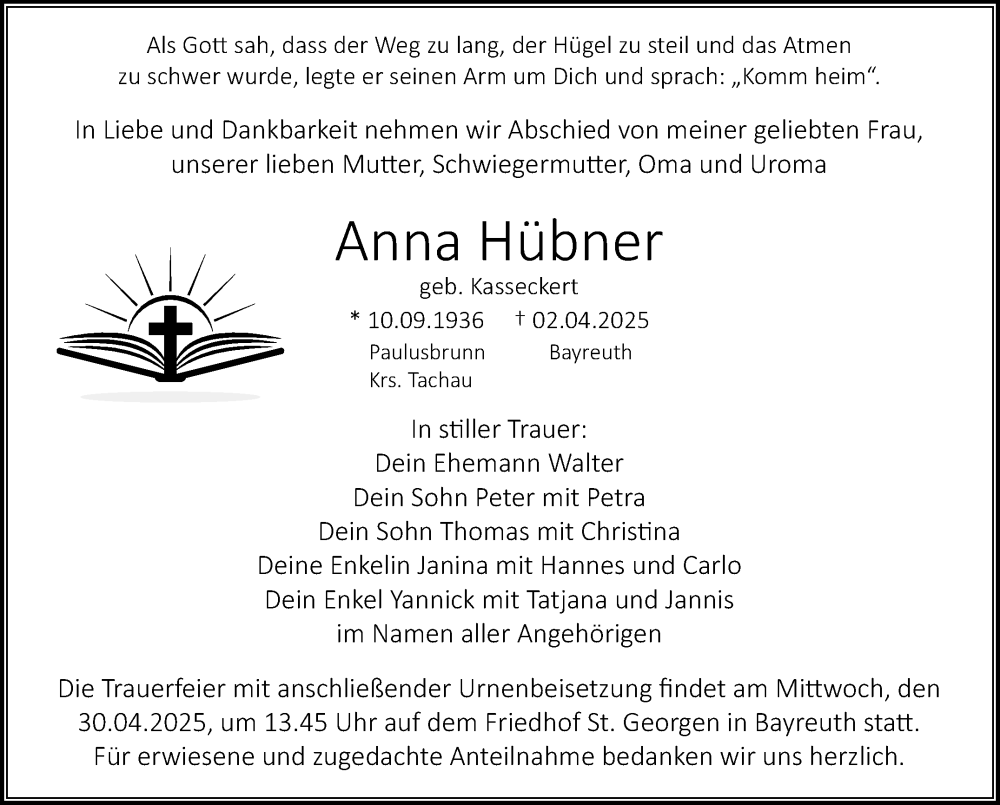  Traueranzeige für Anna Hübner vom 26.04.2025 aus Nordbayerischer Kurier