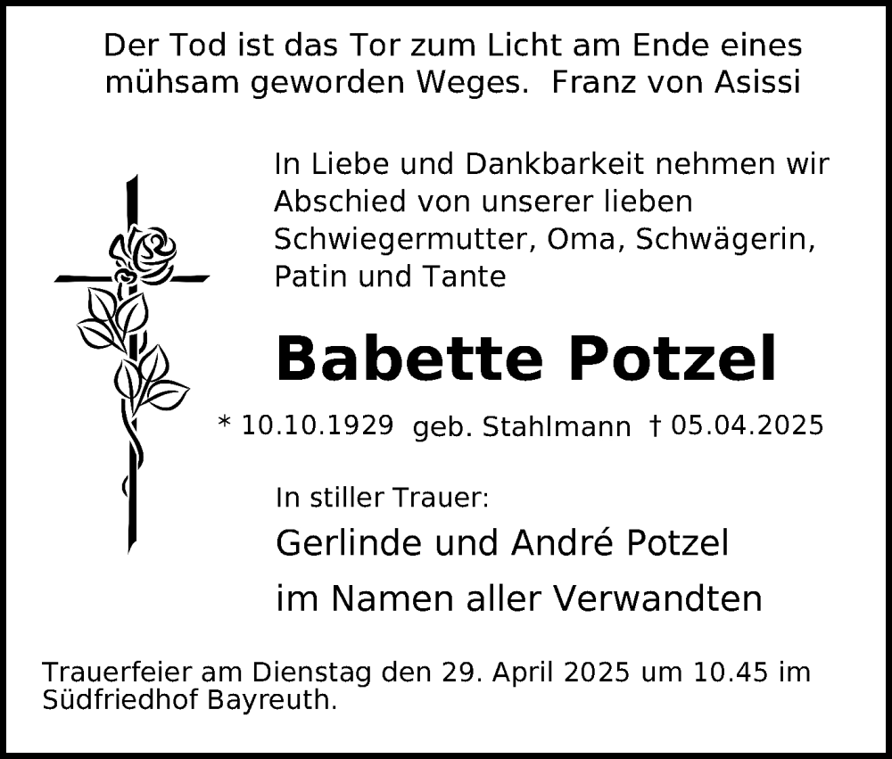  Traueranzeige für Babette Potzel vom 29.04.2025 aus Nordbayerischer Kurier