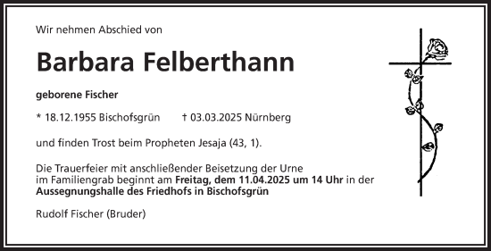 Anzeige von Barbara Felberthann von Nordbayerischer Kurier